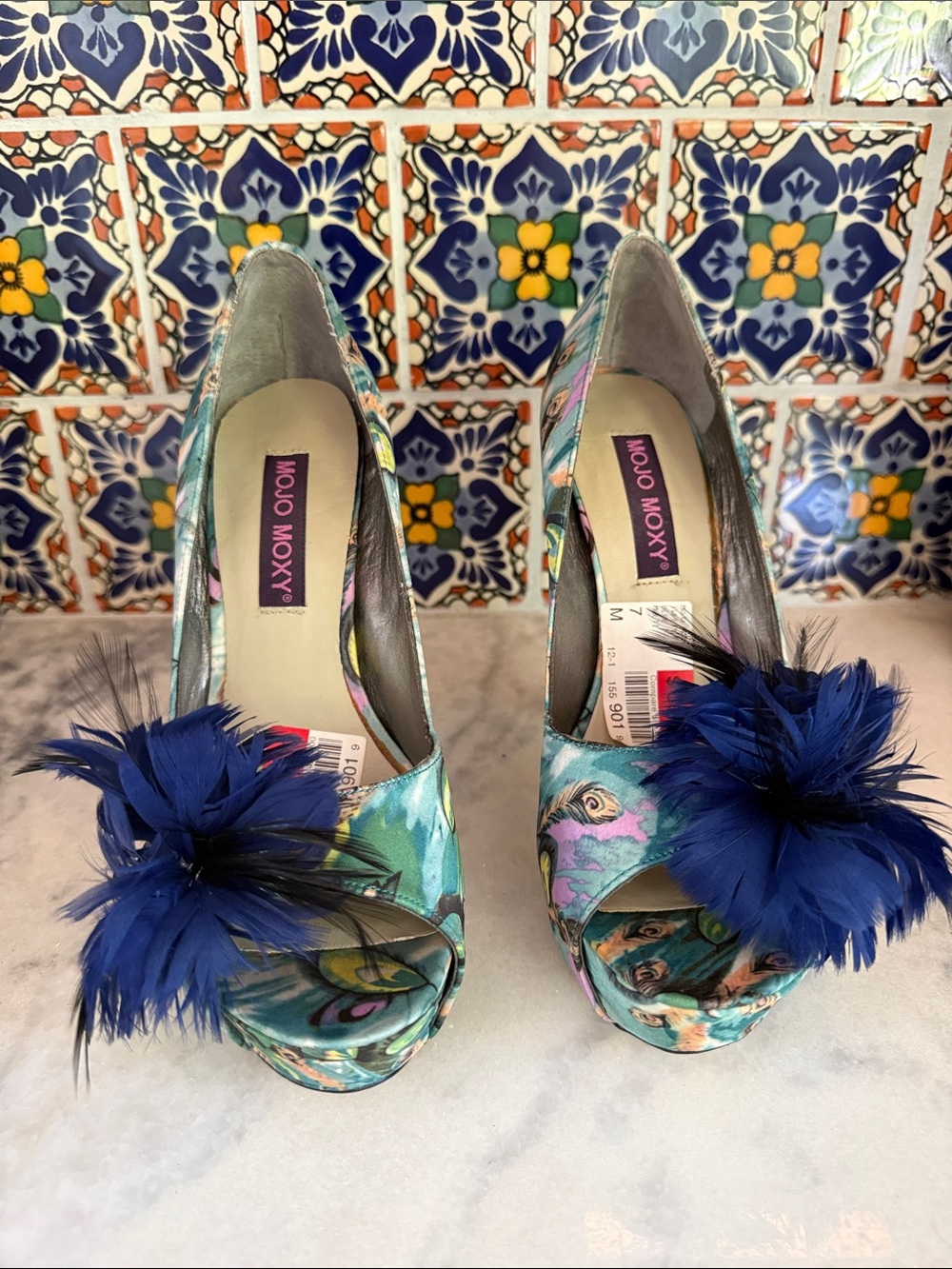 Mojo Moxy Teal Floral Peep-Toe Heels with Navy Feather Pom